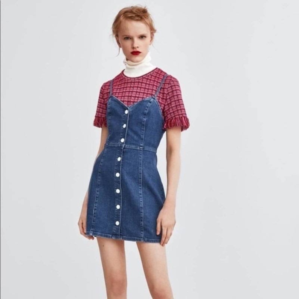 Zara denim mini dress with straps and buttons